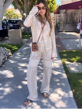 Paisley-Print Wide Leg Linen  Pants  in Cream New No TAG